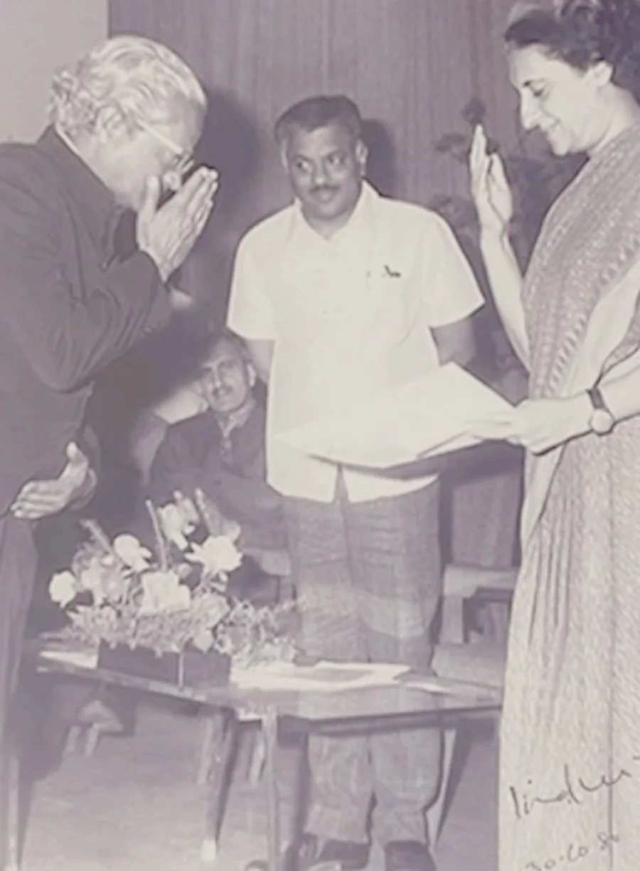 Family archive photograph of Sheikh Shams Uddin with Indira Gandhi